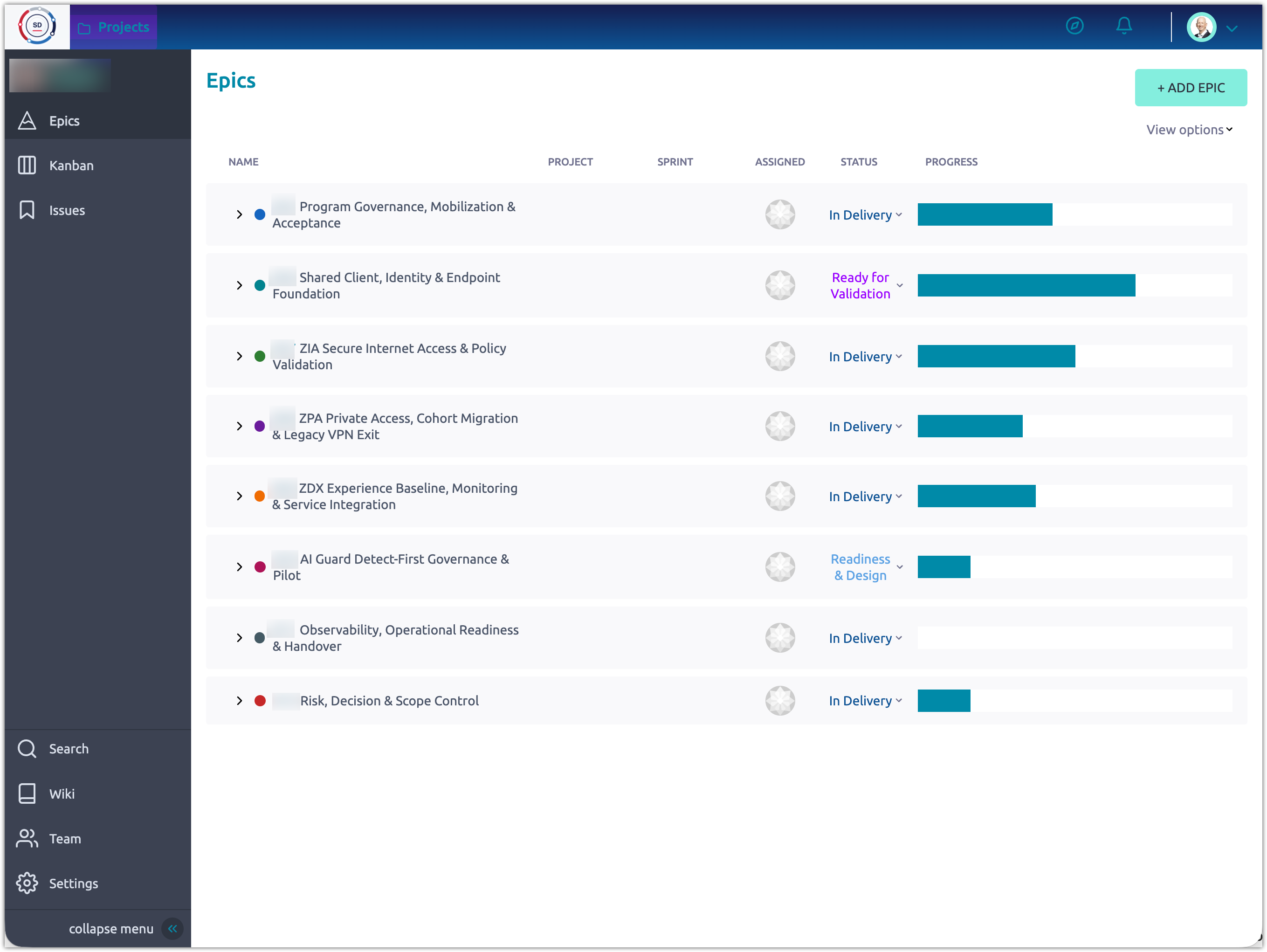 De-identified project portal view showing epic progress bars