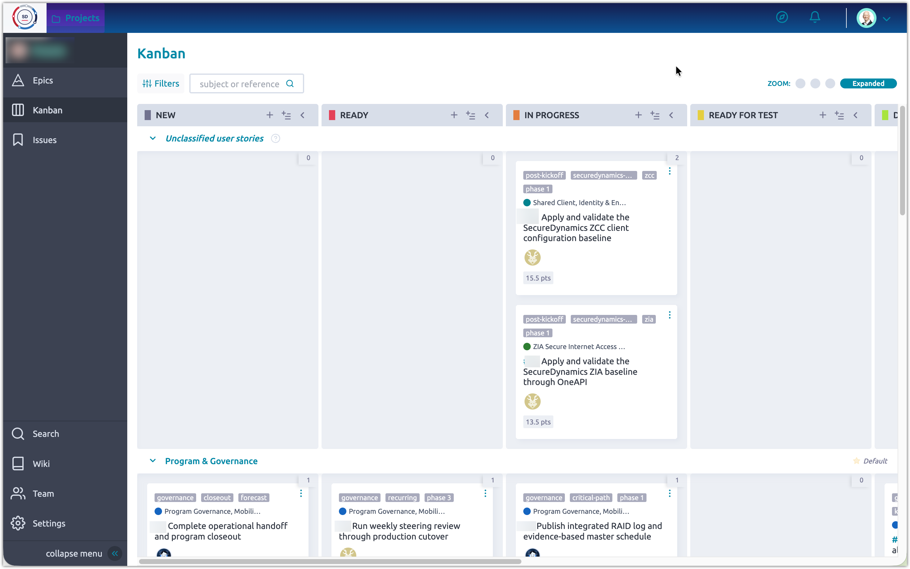 De-identified Template project Kanban board with delivery-stage columns and workstream swimlanes