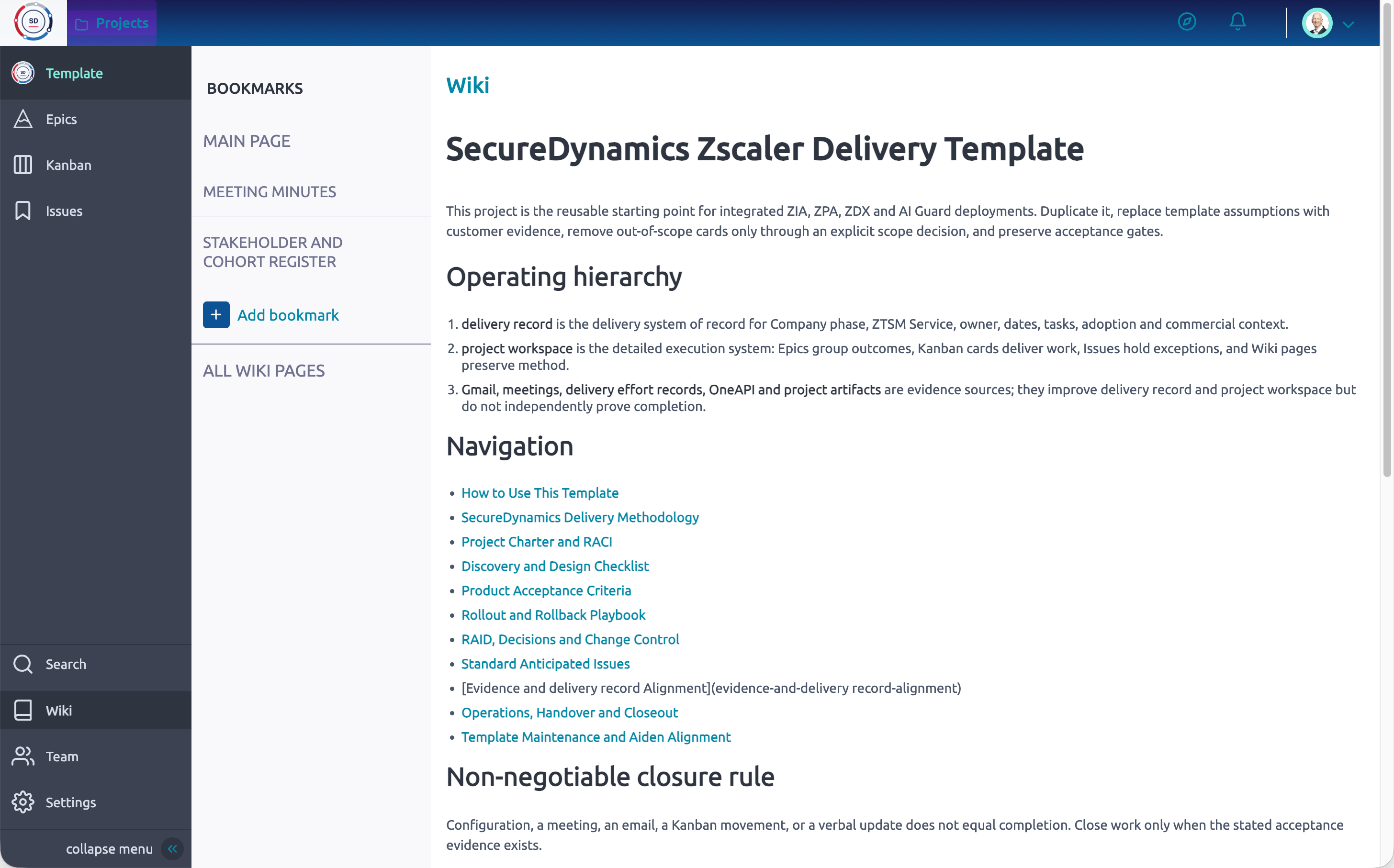 Generic Template project wiki showing delivery methodology and navigation